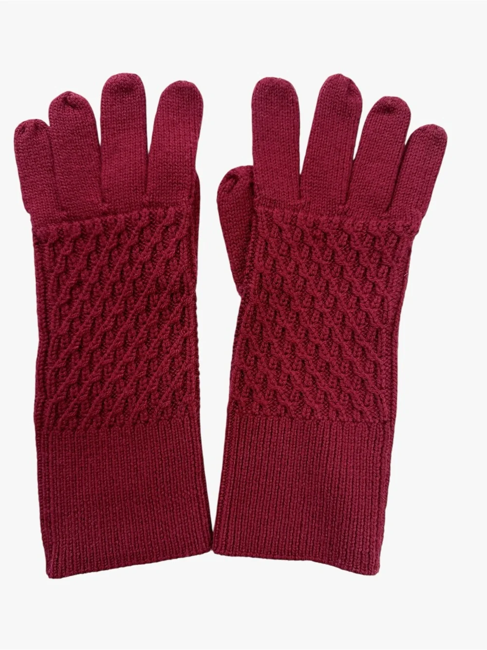 Brooks Brothers Merino Wool Knit Gloves Burgundy Textured Long Cuff One Size